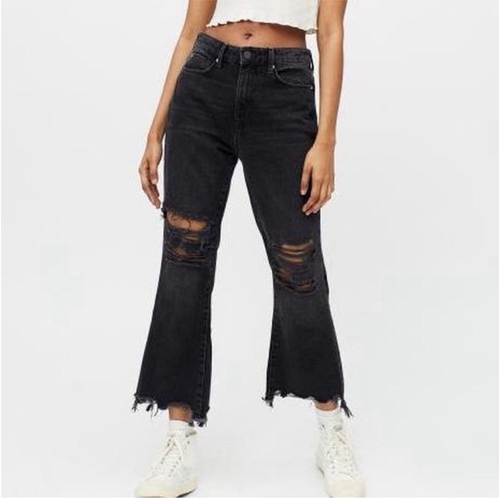 BDG Urban Outfitters Womens Black Distressed Cropped Flare High Rise Denim Jeans